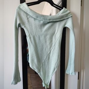Free People Off-the-Shoulder Ribbed Bodysuit Sweater in Mint